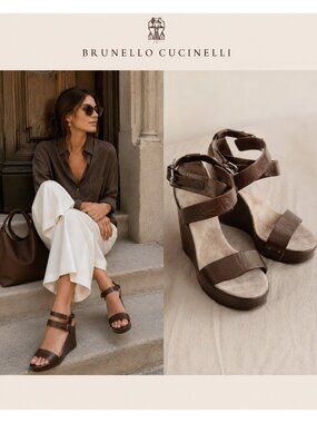 Brunello Cucinelli Brown Leather Platform Wedge Sandals 37.5 Italy